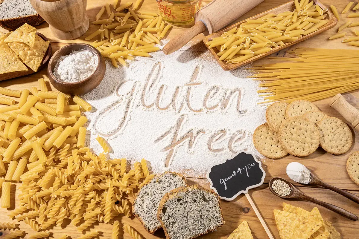 Gluten-free gift basket with packaged snacks and fresh items
