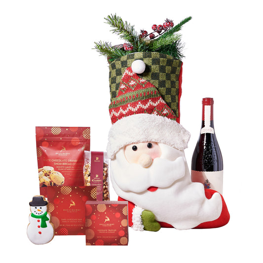 Christmas Santa Stocking Gift Set with Wine, wine gift basket, wine gift, wine, christmas gift basket, christmas gift, christmas, holiday gift basket, holiday gift, holiday, gourmet gift basket, gourmet gift, gourmet