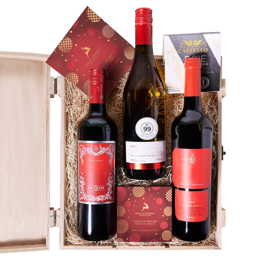 Christmas Trio Wine & Chocolate Gift, candy, chocolate, chocolate bar,  christmas,  Christmas Cookie,  Christmas set,  gourmet,  wine,  wooden box, christmas Wine Trio, Wine Box Trio delivery