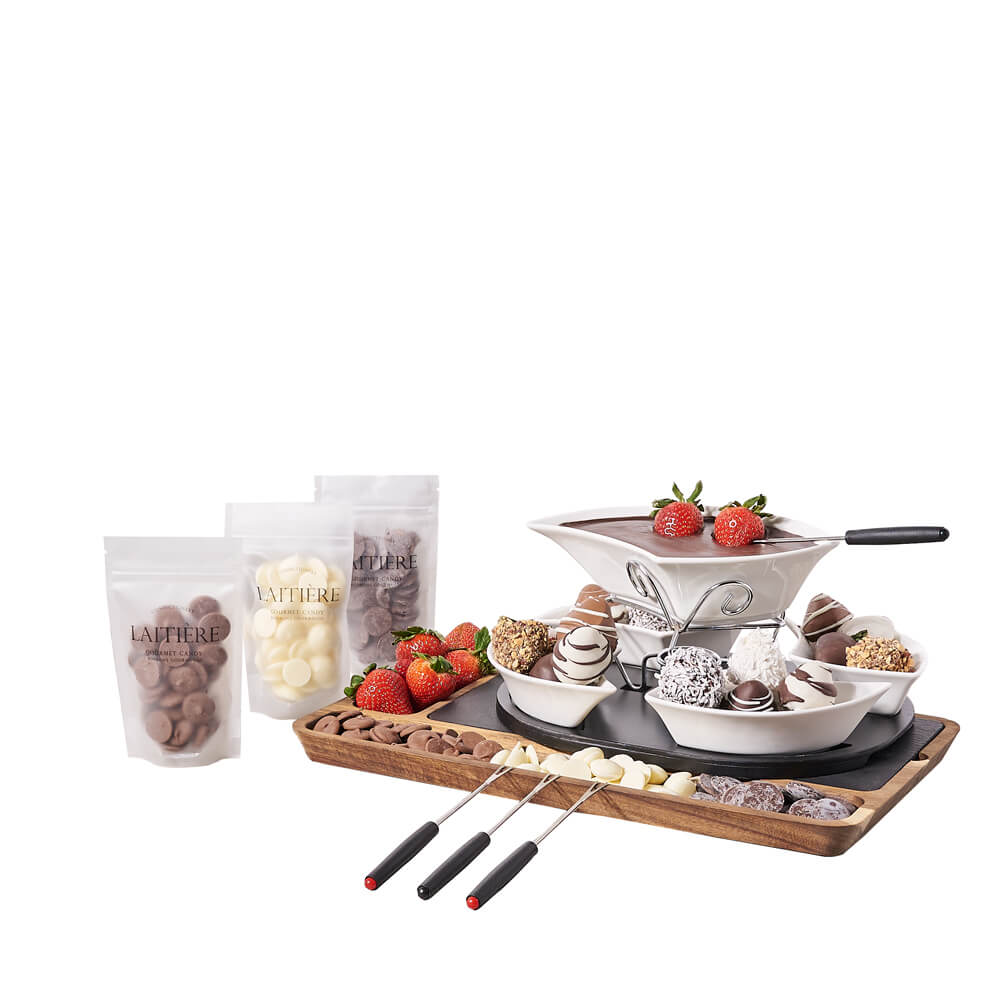Fresh Fruit &amp; Triple Chocolate Fondue Gift Board, chocolate gift, chocolate, fondue gift, fondue, chocolate fondue gift, chocolate fondue, fruit gift, fruit, strawberry gift, strawberry, gourmet gift, gourmet