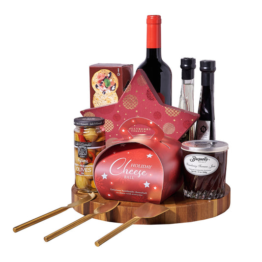 Holiday Cheeseball & Wine Gift Board, Wine Gift Baskets, Gourmet Gift Baskets, Cheese Gift Baskets, Chocolate, Cheeseball, Jam, Wine, Crackers, Xmas Gifts, Canada Delivery