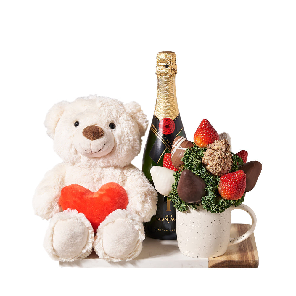 Sparkling Wine, Chocolate Strawberry &amp; Bear Gift, chocolate covered strawberries, chocolate dipped strawberries, fruit gift, fruit, gourmet gift, gourmet, sparkling wine gift, sparkling wine, champagne gift, champagne