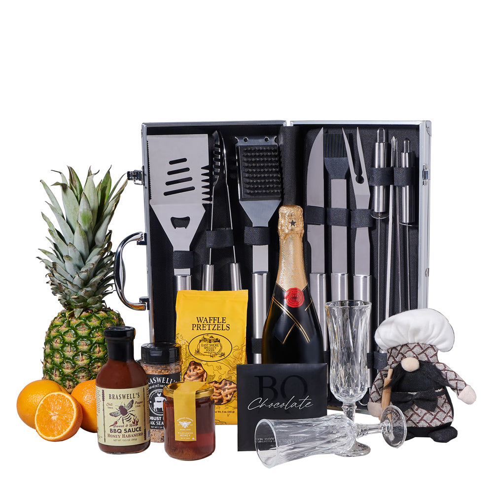 The BBQ Essentials Champagne Gift Set, gourmet gift, gourmet, bbq, bbq gift, barbecue gift, barbecue, grilling gift, grilling, sparkling wine gift, sparkling wine, champagne gift, champagne