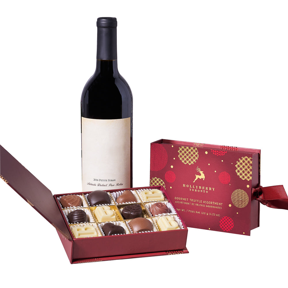 Holiday Wine &amp; Chocolate Gift Basket, Gourmet Gift Baskets, Wine Gift Baskets, Christmas Gift Baskets, Xmas Gifts, Truffles, Wine, USA Delivery