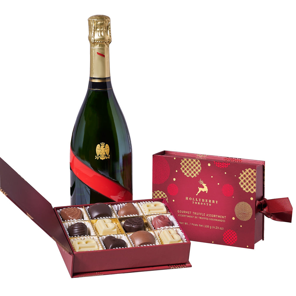Champagne &amp; Chocolate Duo Gift Set, Christmas Gift Baskets, Champagne Gift Baskets, Gourmet Gift Baskets, Chocolate Gift Baskets, Chocolate Truffles, Champagne, Xmas Gifts, USA Delivery
