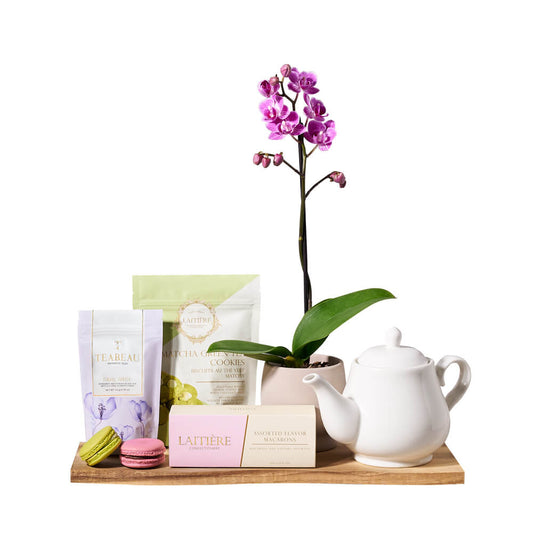 Tea & Orchid Gourmet Gift Set, tea gift, tea, cookie gift, cookies, orchid gift, orchids, gourmet gift, gourmet