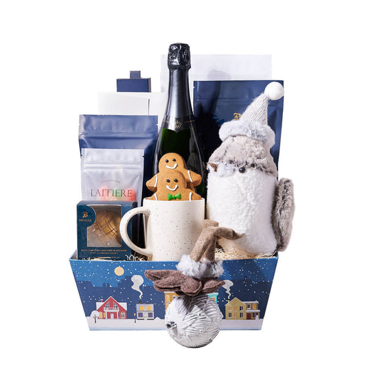 Wintery Bird & Champagne Gift, christmas gift, christmas, holiday gift, holiday, gourmet gift, gourmet, hot chocolate gift, hot chocolate, champagne gift, champagne, sparkling wine gift, sparkling wine