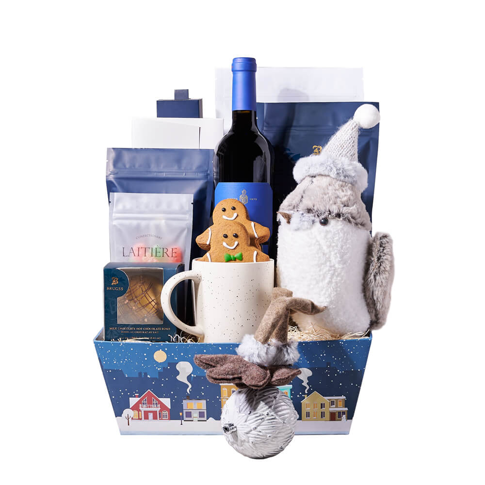 Wintery Bird &amp; Wine Gift, christmas gift, christmas, holiday gift, holiday, gourmet gift, gourmet, hot chocolate gift, hot chocolate